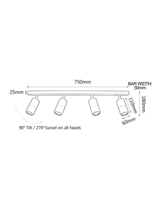 Poseidon 4 Light 240V GU10 Ceiling Spotlight Bar Light PG4BART 2
