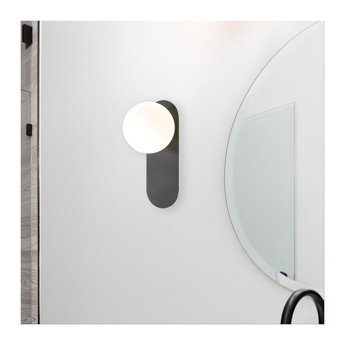 Flanking a round mirror — matte black + opal globe — PING Black with Opal Ball G9 IP44 Wall Light