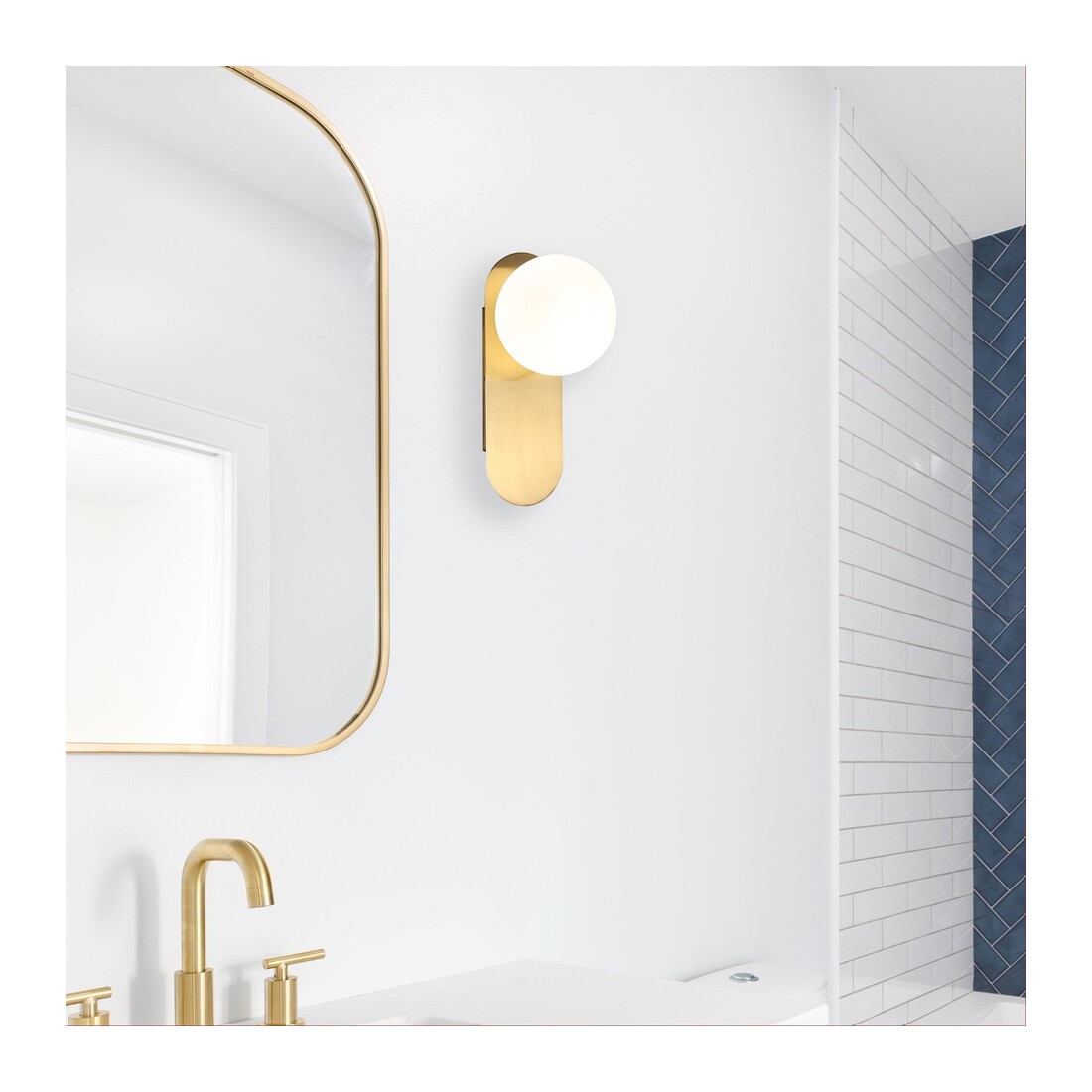 Satin brass Ping beside round glass — PING Satin Brass with Opal Ball G9 IP44 Wall Light