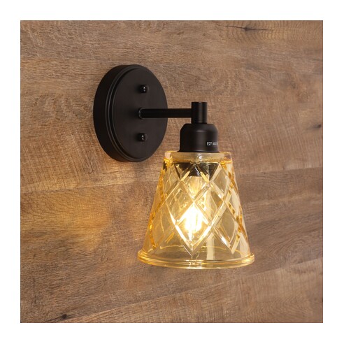 OL69491AM - DRAM Black with Vinage Cut Amber Glass E27 Wall Light