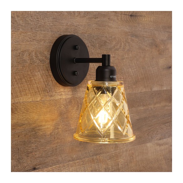 OL69491AM - DRAM Black with Vinage Cut Amber Glass E27 Wall Light