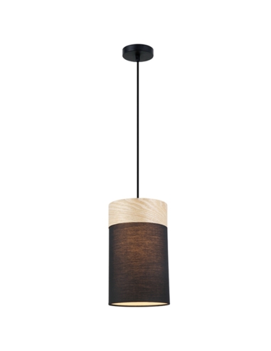 PENDANT ES (Max 72W Hal) Small OBLONG (BLK Cloth Shade with Blonde Wood Trim) OD150mm x H250mm 3m cable WTY 1YR