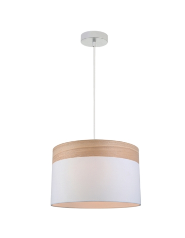 PENDANT ES (Max 72W Hal) Large RND (WH Cloth Shade with Blonde Wood Trim) OD 400mm x H250mm 3m cable WTY 1YR