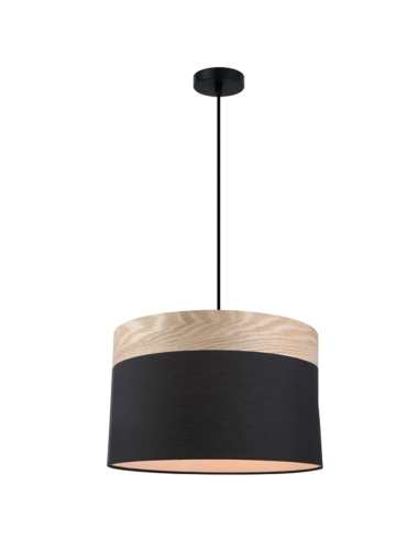 PENDANT ES (Max 72W Hal) Large RND (BLK Cloth Shade with Blonde Wood Trim) OD400mm x H250mm 3m cable WTY 1YR