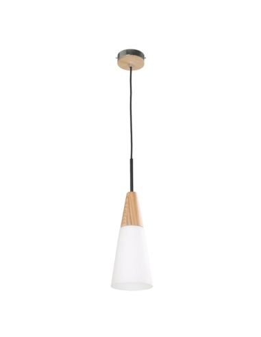 PENDANT ES 40W BLONDE WOOD/ OPAL GLASS LONG CONE OD130mm X H320mm 3m cable WTY 1YR