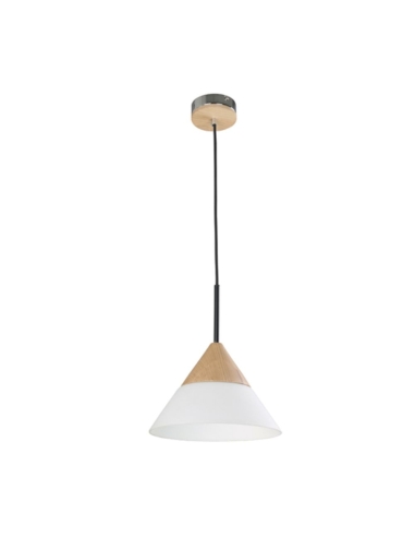 PENDANT ES 40W BLONDE WOOD/ OPAL GLASS SML CONE  OD265mm x H185mm 3m cable WTY 1YR