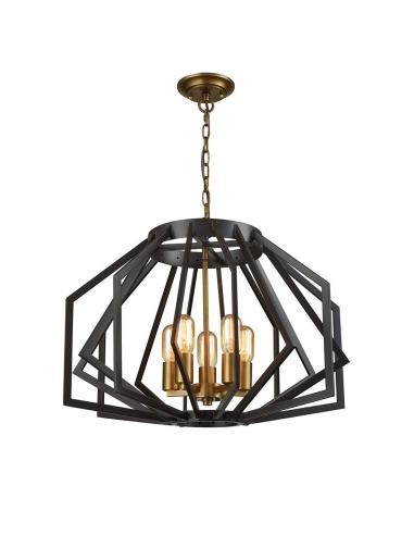 PENDANT ES x 5  60W ANTIQUE BRASS AND OILED BRONZE Wide Angular Cage  OD600mm x H451mm 3m chain WTY 1YR