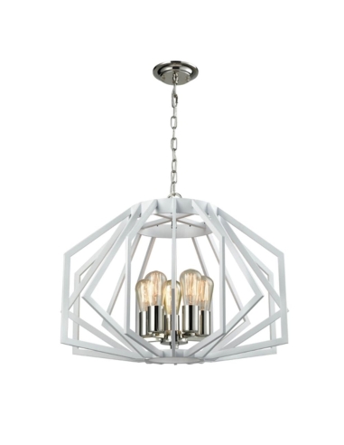PENDANT ES x 5 60W White and Polished Nickel Wide Angular Cage OD600mm x H451mm 3m chain WTY 1YR