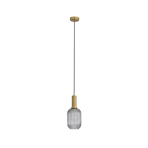 LUXE.130 Single Black and Satin Brass with Ribbed Smoke Glass E27 Pendant