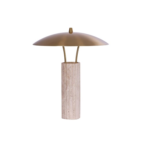 PARACCU-T1 - PARACCU Interior LED Beige Travertine Base Brass Sun Hat Shade Table Lamp - Off & 3 Step Dimming Ambient Tempera...