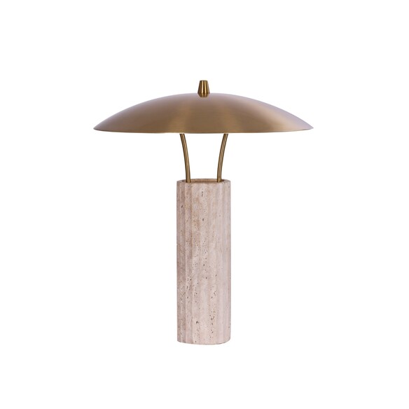 PARACCU-T1 - PARACCU Interior LED Beige Travertine Base Brass Sun Hat Shade Table Lamp - Off & 3 Step Dimming Ambient Tempera...