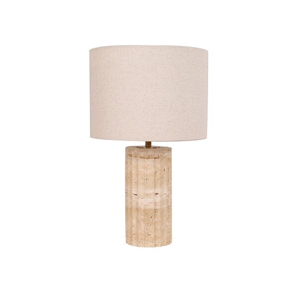 SAGITTA-T3 - SAGITTA Beige Travertine Base Oblong Fabric Cream Shade Table Lamps - Off Switch  Not Suitable For Dimming Base:...