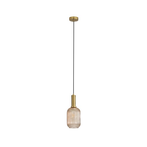 OL63751/13AM - LUXE.130 Single Black and Satin Brass with Ribbed Amber Glass E27 Pendant