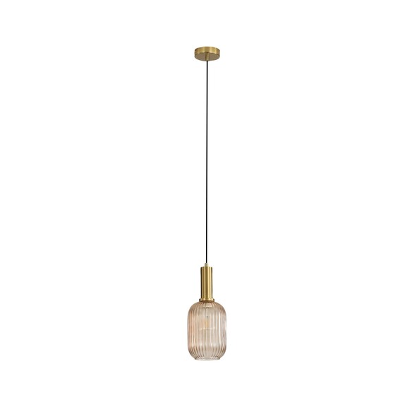 OL63751/13AM - LUXE.130 Single Black and Satin Brass with Ribbed Amber Glass E27 Pendant