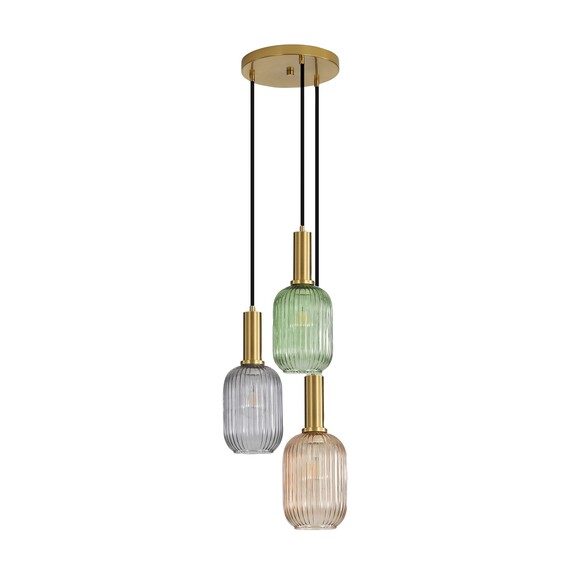 OL63753/13MX - LUXE 3 Light Black and Satin Brass with Ribbed Amber/Green/Smoke Glass Pendant