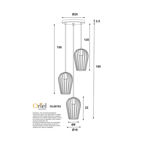 OL68763BK - Olam 3 Light Cluster Pendant BlackOL68763BK