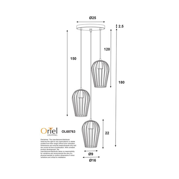 OL68763BK - Olam 3 Light Cluster Pendant BlackOL68763BK