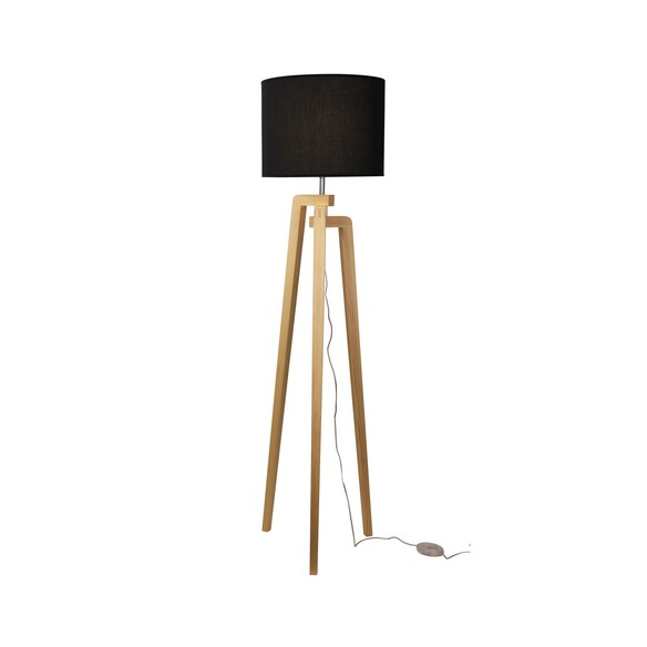 OL93525BK - LUND Scandi Timber Tripod Floor Lamp Base with Black Shade