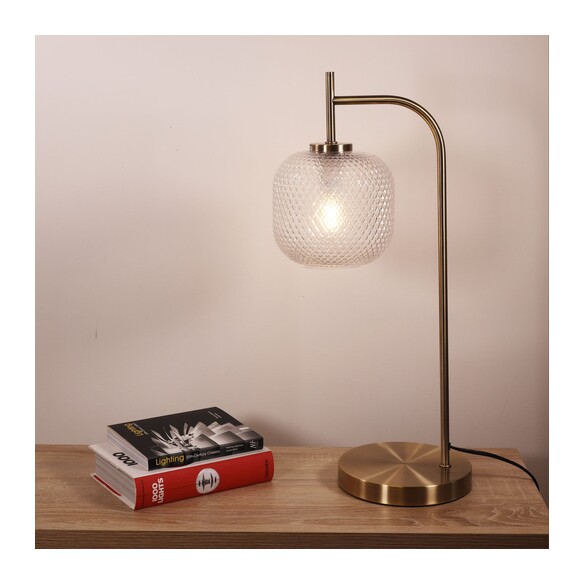 OL93851AB - CROSS Antique Brass with Clear Diamond Pattern Glass Shade E14 Table Lamp