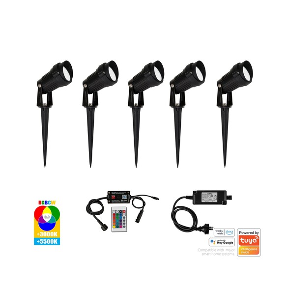 HV1428RGBCW-KIT - Spitze Black 5x 3W WIFI RGBCW LED Garden Spike Light Kit