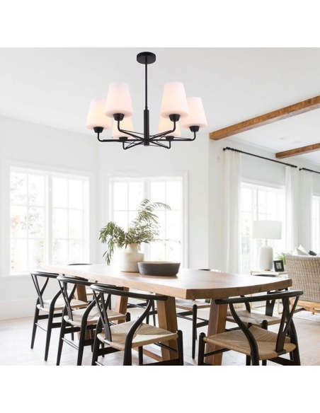 ABBEY1 - ABBEY Interior Traditional 6 Lamps Opal Glass Pendant Lights - Matte Black