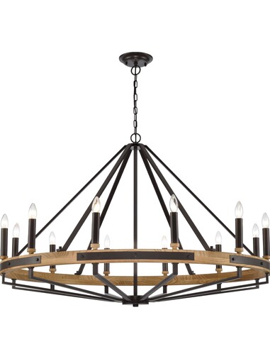 Interior Candelabra Natural Wood / Oak Wood 12-Light Pendant Lights - Natural Wood Oil Rubbed Bronze Hardware