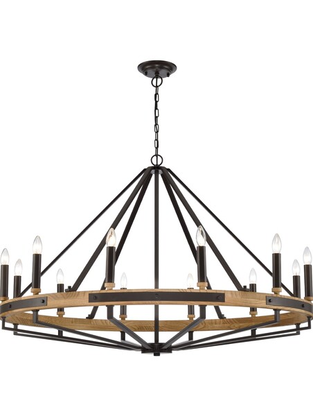 FUNALE3 - Interior Candelabra Natural Wood / Oak Wood 12-Light Pendant Lights - Natural Wood Oil Rubbed Bronze Hardware