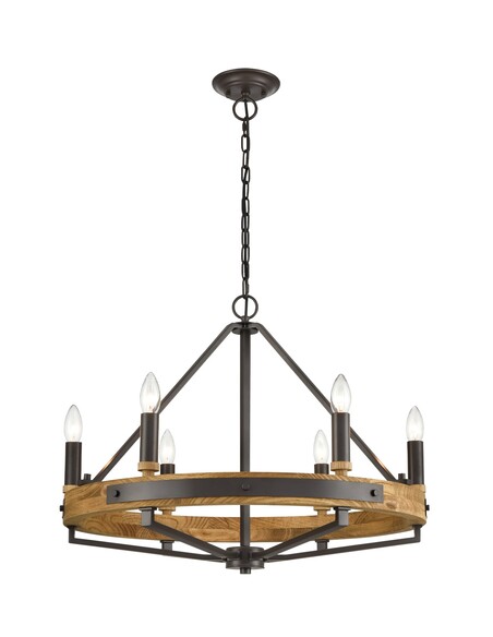 FUNALE4 - Interior Candelabra Natural Wood / Oak Wood 6-Light Pendant Lights - Oak Wood Satin Brass Hardware