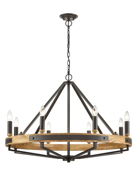 FUNALE5 - Interior Candelabra Natural Wood / Oak Wood 8-Light Pendant Lights - Oak Wood Satin Brass Hardware