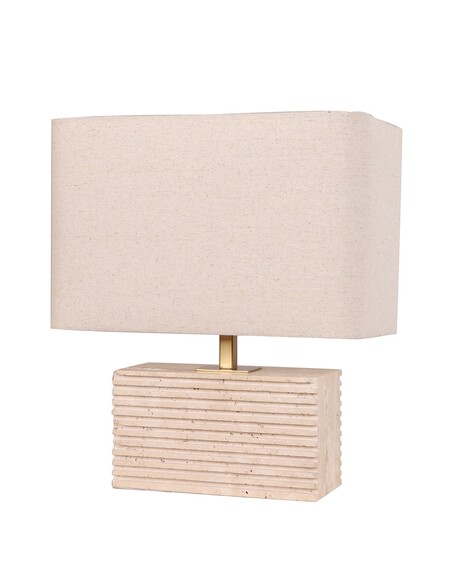 SAGITTA-T5 - Rectangular Beige Travertine Base Rectangular Fabric Cream Shade Table Lamp