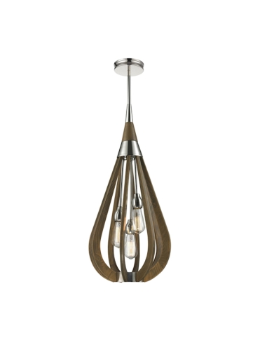 PENDANT ES x 3 60W TAUPE WOOD MED TEAR DROP OD355mm x H768mm (Rods 610mm + 305mm + 150mm) WTY 1YR