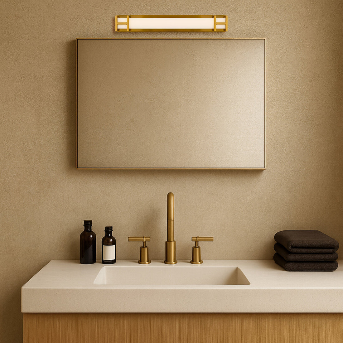 Gold tapware + matching vanity bar — GILSON 40 VANITY WALL LIGHT - ANTIQUE GOLD