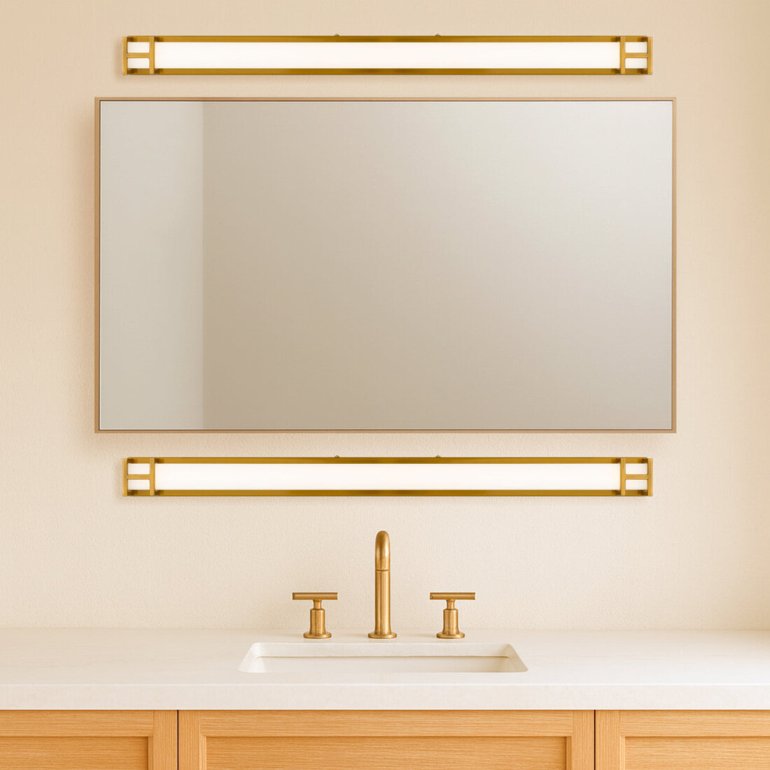 Warm brass bars framing the mirror — GILSON 80 VANITY WALL LIGHT - ANTIQUE GOLD