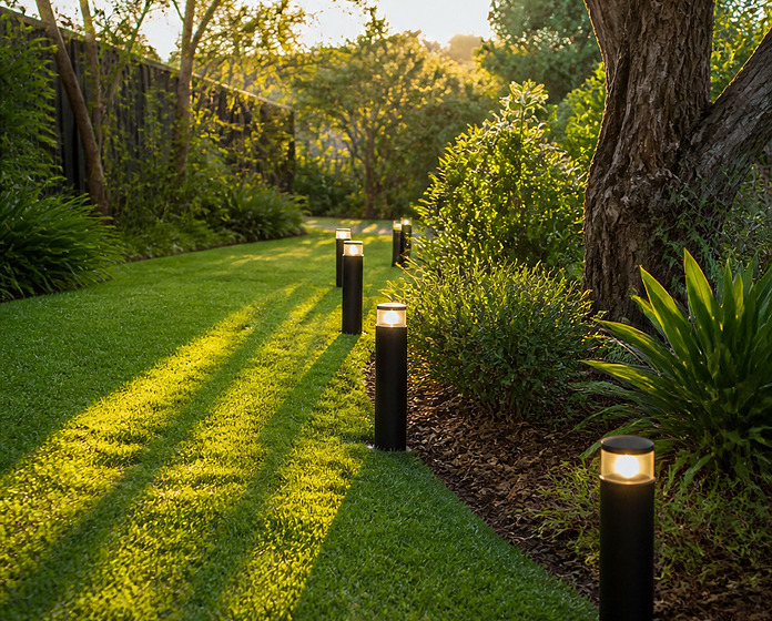 Black bollard lights along a lush garden path in the late afternoon sun