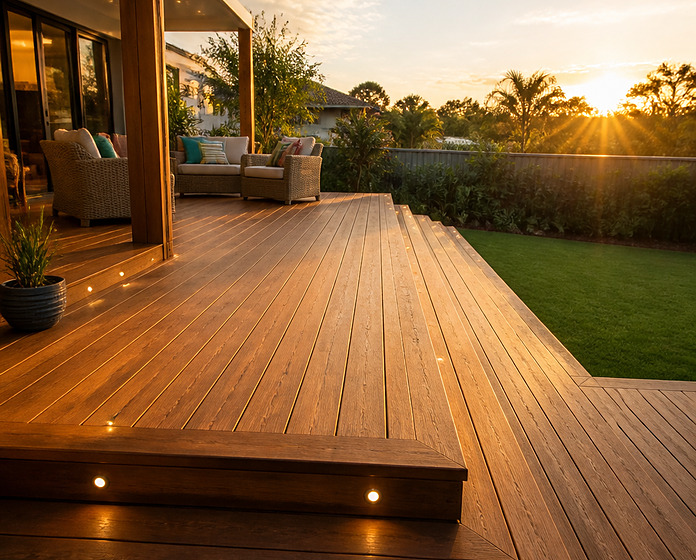 Recessed deck lights in timber deck steps at sunset with outdoor furniture