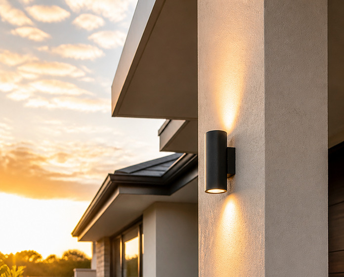 Black up and down wall pillar light glowing on a modern home entrance at sunset