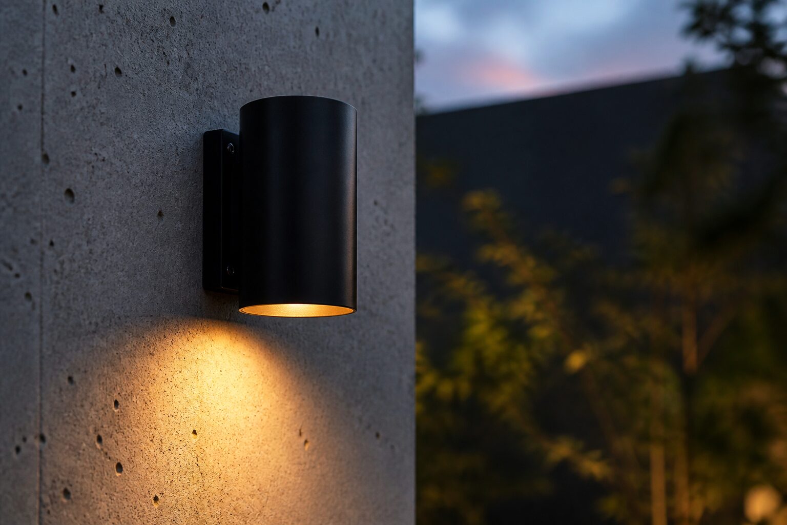 Black outdoor wall light washing a concrete wall at dusk
